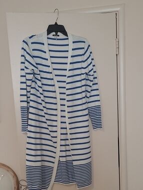 Milano Blue and White Striped Open-Front Long Duster Cardigan